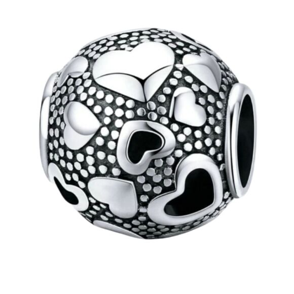925 Sterling Silver Retro Hearts Charm - Picture 1 of 5